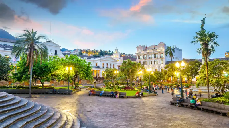 Plaza Grande in Old Town Quito, Ecuador, showing colonial architecture.