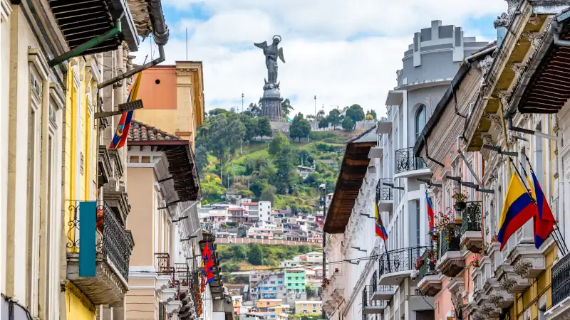 Street view of Quito old town, Ecuador, highlighting historic streets.