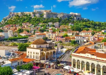 View of the Acropolis from the Plaka, Athens, Greece