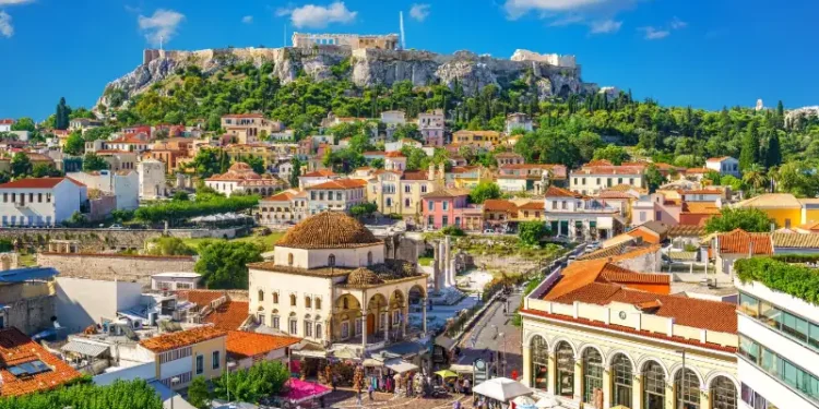 View of the Acropolis from the Plaka, Athens, Greece