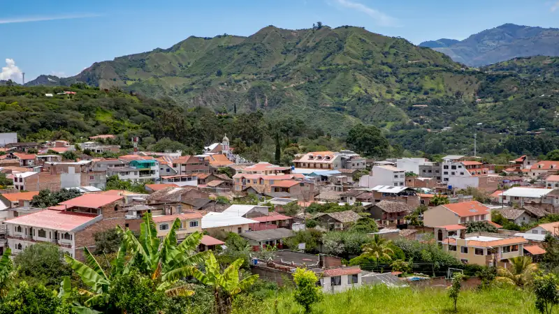 Scenic view of the valley and surrounding hills in Vilcabamba, Ecuador.