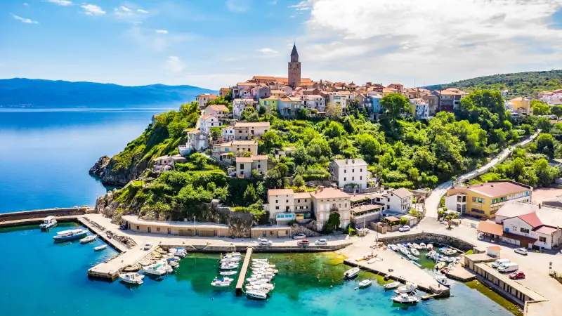 Beautiful town Vrbnik, Krk island, Croatia, aerial view
