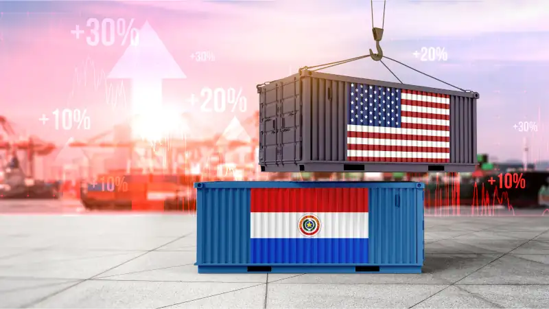 Cargo containers displaying flags of the USA and Paraguay, symbolizing international trade exports