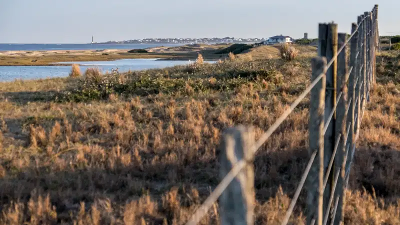 Coastal landscape with a fence leading to a town in Uruguay.
