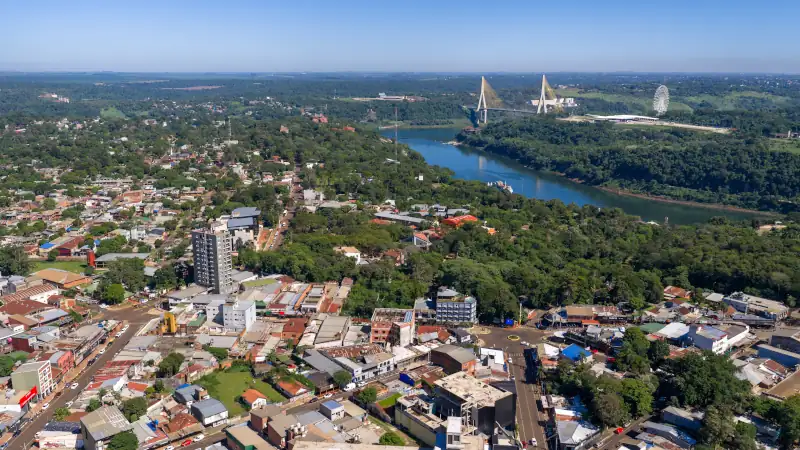 Skyline view of Puerto Iguazú, highlighting the triple border region in Paraguay