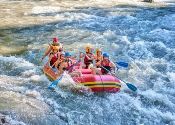 rafting on a stormy mountain river in summer