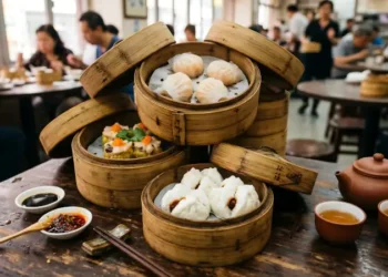 Steaming Bamboo Baskets of Authentic Chinese Dim Sum