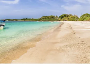 The beach at Iguana Island located on Pacific Ocean of the Azuero Peninsula coast near Pedasi in Panama.