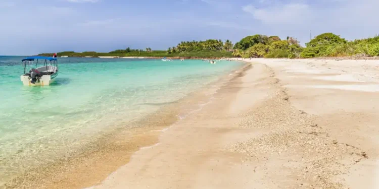 The beach at Iguana Island located on Pacific Ocean of the Azuero Peninsula coast near Pedasi in Panama.