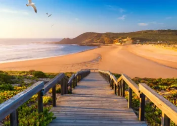 Wooden walkway to the beach Praia da Amoreira, District Aljezur, Algarve Portugal