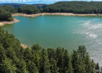 Aerial view from the reservoir within the La Yeguada National Park. Nestled within an ancient volcanic complex, characterized by pine forests, mountains, and a stunning natural backdrop