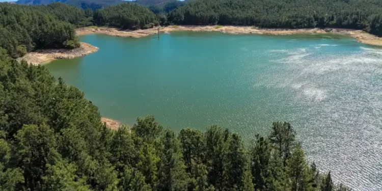 Aerial view from the reservoir within the La Yeguada National Park. Nestled within an ancient volcanic complex, characterized by pine forests, mountains, and a stunning natural backdrop