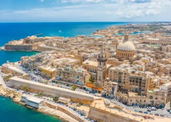 Aerial view of Lady of Mount Carmel church, St.Paul's Cathedral in Valletta city, Malta.