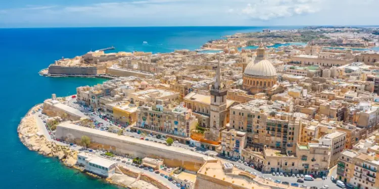 Aerial view of Lady of Mount Carmel church, St.Paul's Cathedral in Valletta city, Malta.