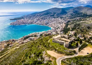 Aerial view of Lekuresi Castle in Saranda, Albania