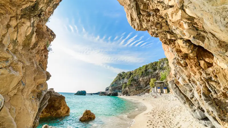 Beautiful beach holiday scene on the sea in Corfu island, Greece