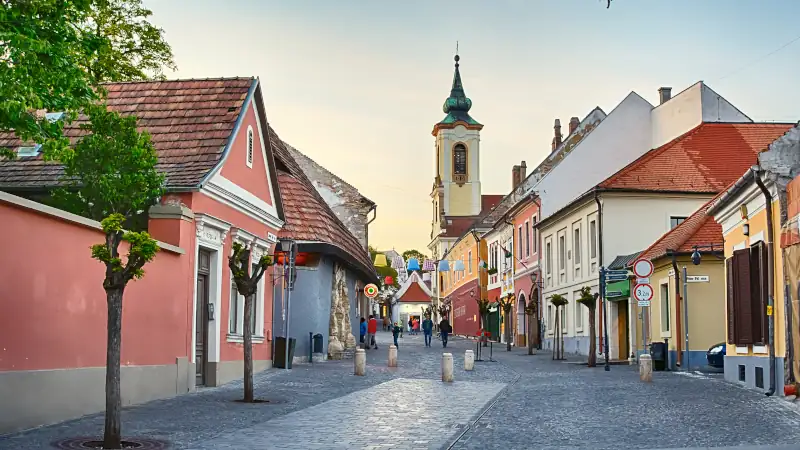 Medieval street view in Budapest with small colorful houses