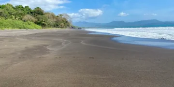 A wide, tranquil black sand beach bordered by lush tropical forest, with gentle waves, distant mountains, and a bright blue sky dotted with soft clouds.