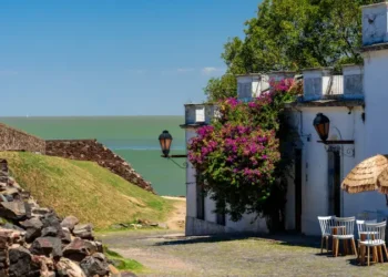 Street light on De San Pedro by River Plate in the Unesco town of Colonia del Sacramento Uruguay