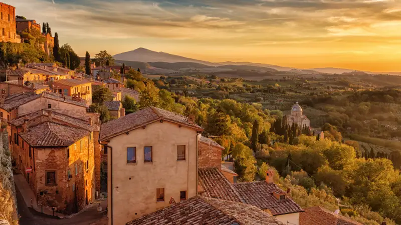 Tuscan view from the walls of Montepulciano at sunset, showcasing Italian landscape beauty