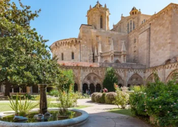 A wideangle view of Tarragona Cathedral and Gardens in the Spanish city of Tarragona