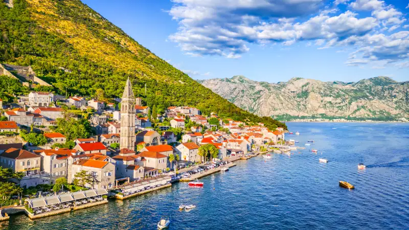 Perast, Montenegro. Aerial drone view Bay of Kotor
