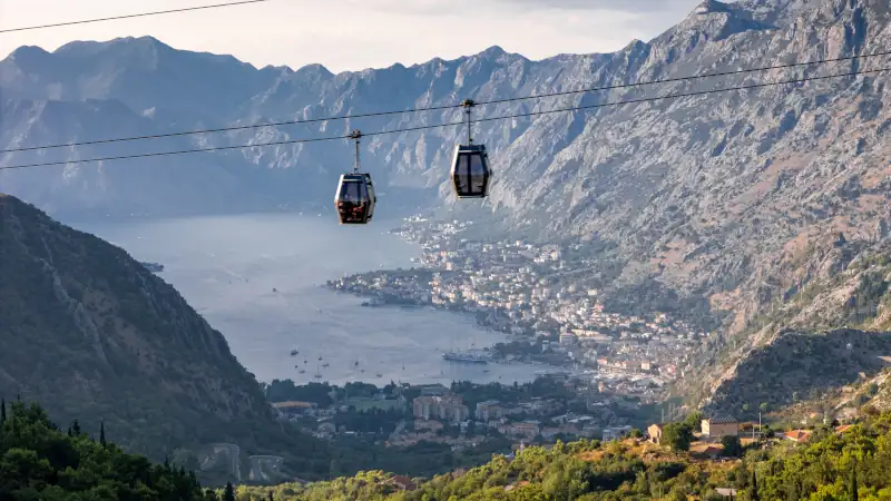 Cable car in Bay of Kotor, Montenegro, aerial shot