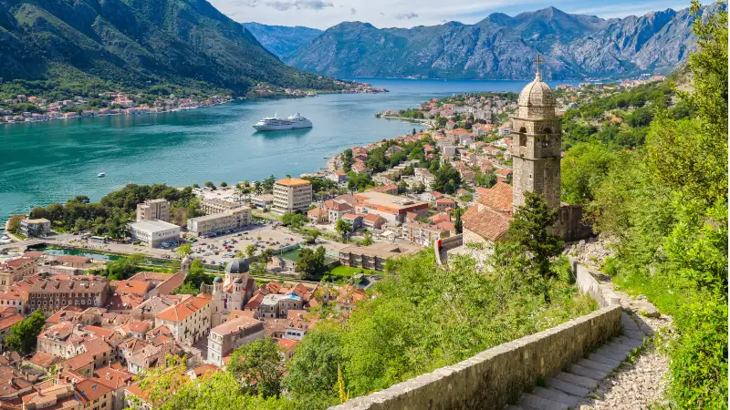 Historic town of Kotor with Bay of Kotor in summer, Montenegro