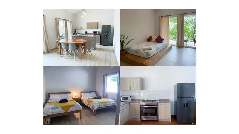 Bright, minimalist studio villa with an open-plan kitchen, dining area, platform bed, twin beds, and modern finishes.