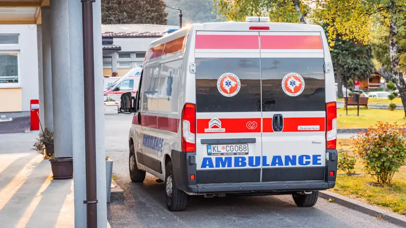 Montenegro: Emergency ambulance vehicle parked outside a hospital, ready for urgent medical transport and healthcare service