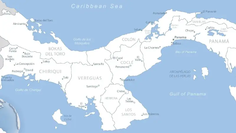 Map of Panama showing its provinces, major cities, and surrounding seas.