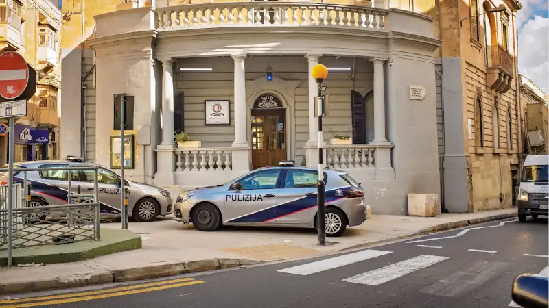 Police patrol cars parked in front of a traditional Maltese police station.