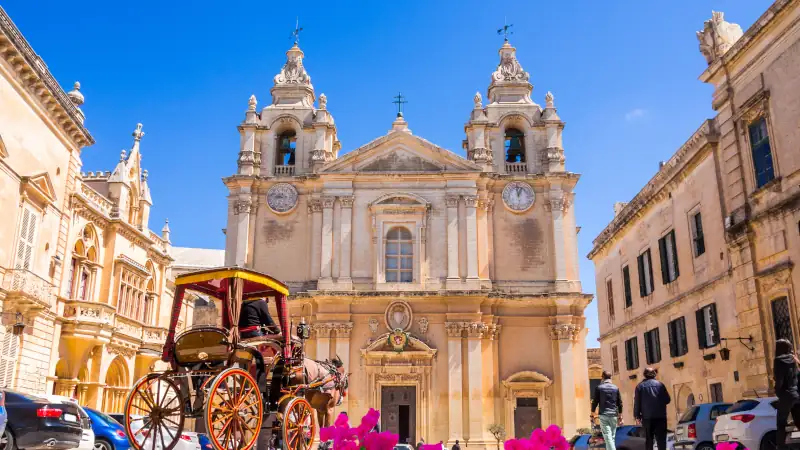 Town square with Saint Paul's Cathedral in Malta.