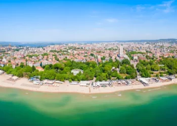 Varna city beach aerial panoramic view in Bulgaria