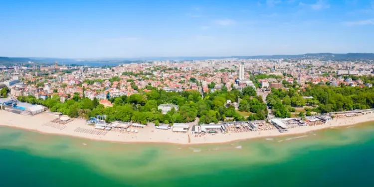 Varna city beach aerial panoramic view in Bulgaria
