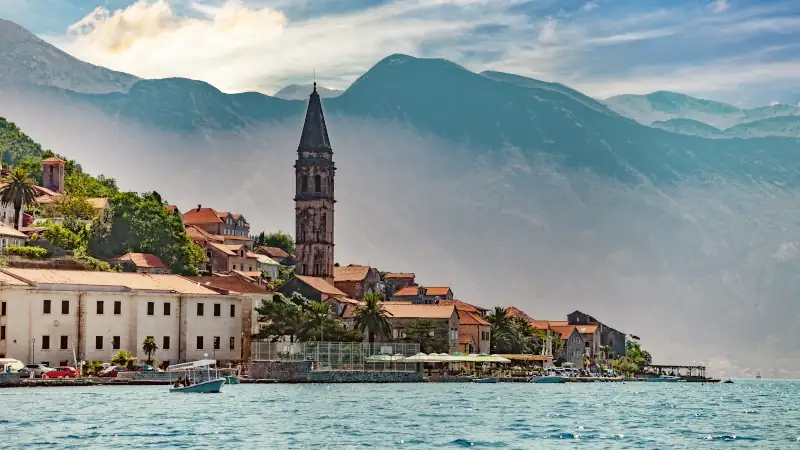 View from boat on Perast, Kotor Bay, Montenegro.