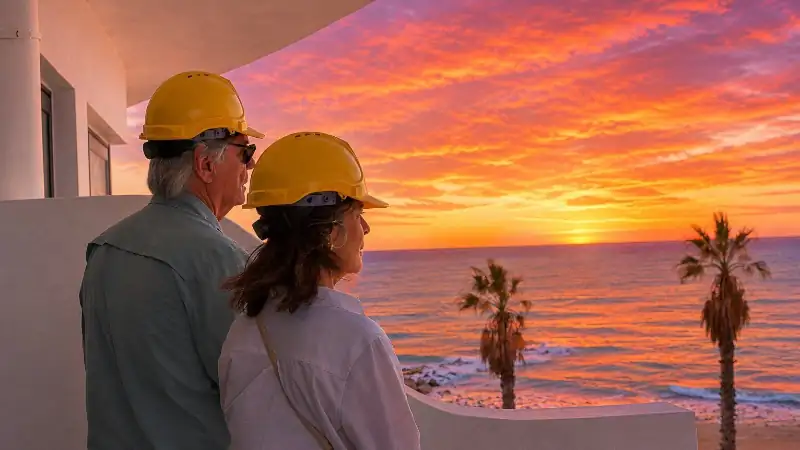 Visitors enjoying a vibrant sunset from a beachfront property balcony overlooking the ocean.