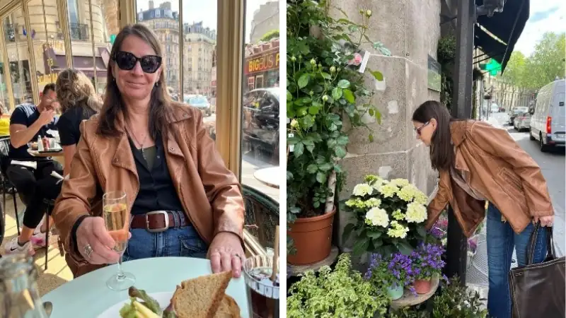 Kathleen Peddicord enjoys Parisian café life and browses a flower shop.