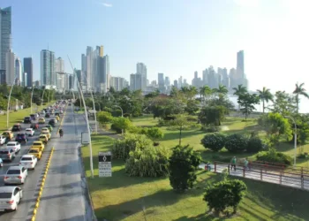 Panama city with high skyscrapers and port on the Pacific coast