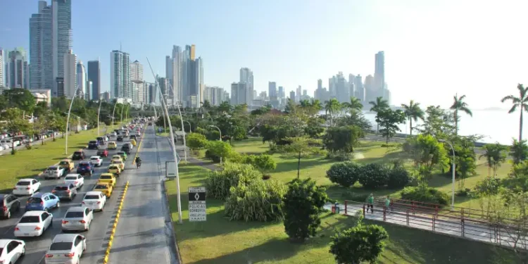 Panama city with high skyscrapers and port on the Pacific coast