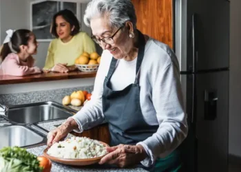 Hispanic grandmother cooking at home kitchen in Mexico Latin America