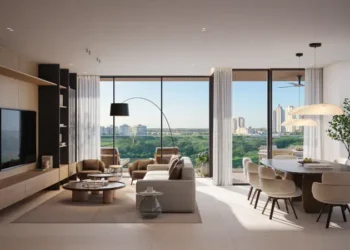 Contemporary luxury apartment featuring an open-plan living and dining area, warm neutral tones, elegant furnishings, floor-to-ceiling windows, and panoramic views of lush greenery and the city skyline.