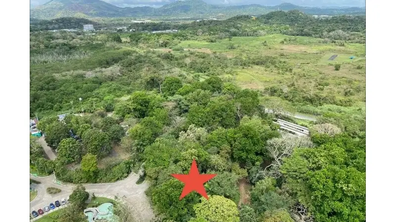 An aerial view of lush tropical greenery, open fields, and rolling hills, with a red star marking a location amid the dense vegetation.