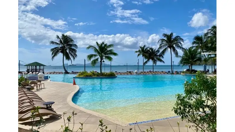 A tropical resort infinity pool overlooking the ocean, surrounded by palm trees, sun loungers, and a bright blue sky.