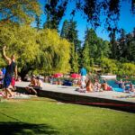 People enjoying a park by the water on a sunny afternoon
