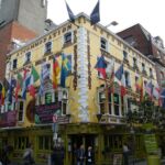 International flags fly outside a pub in Dublin, Ireland.