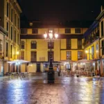 Evening view of Fontan Square in historic part of Oviedo city, Spain