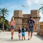 Parents with kids walk in front of famous Torres de Serrans, Valencia, Spain