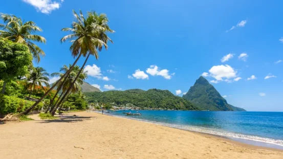 Paradise beach at Soufriere Bay with view to Piton at small town Soufriere in Saint Lucia, Tropical Caribbean Island.