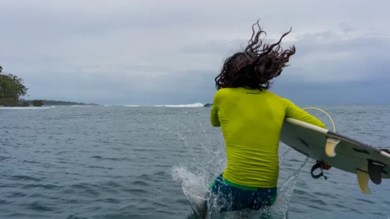 surfer gets in the water, bocas del toro, panama city beaches area